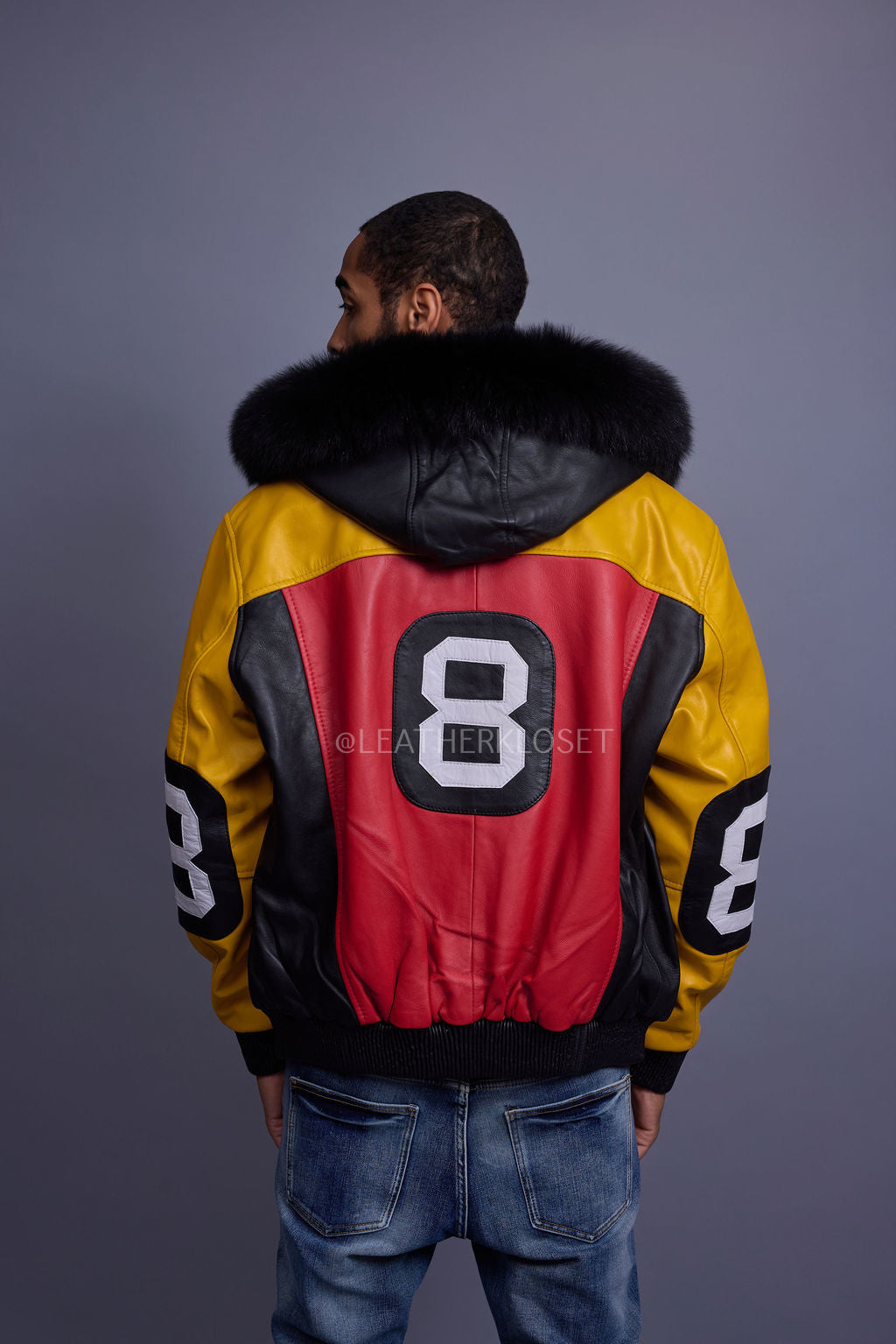 Men's 8 Ball Leather Jacket With Fox Fur Hood [Yellow/Black/Red]