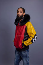 Men's 8 Ball Leather Jacket With Fox Fur Hood [Yellow/Black/Red]