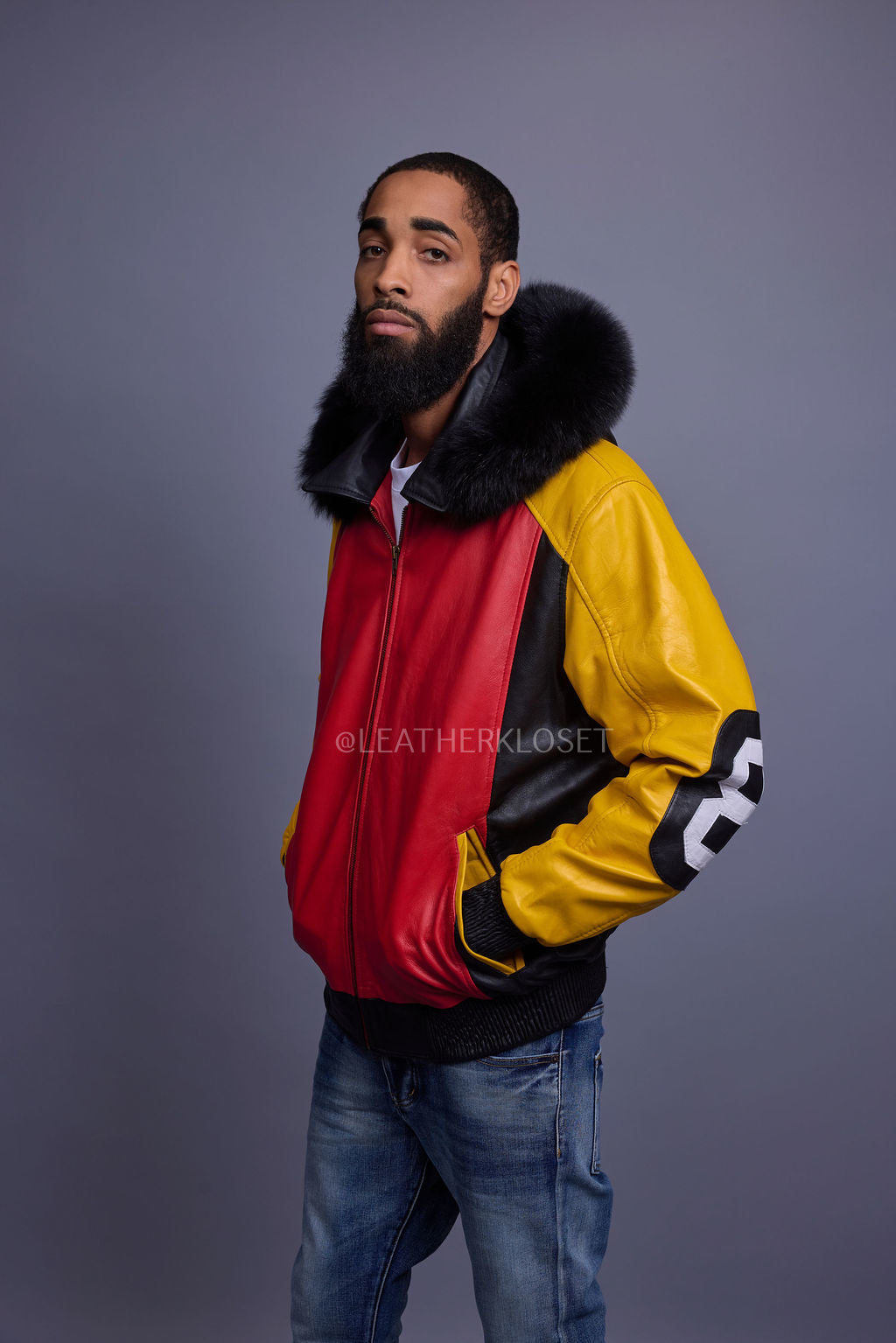 Men's 8 Ball Leather Jacket With Fox Fur Hood [Yellow/Black/Red]