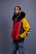 Men's 8 Ball Leather Jacket With Fox Fur Hood [Yellow/Black/Red]