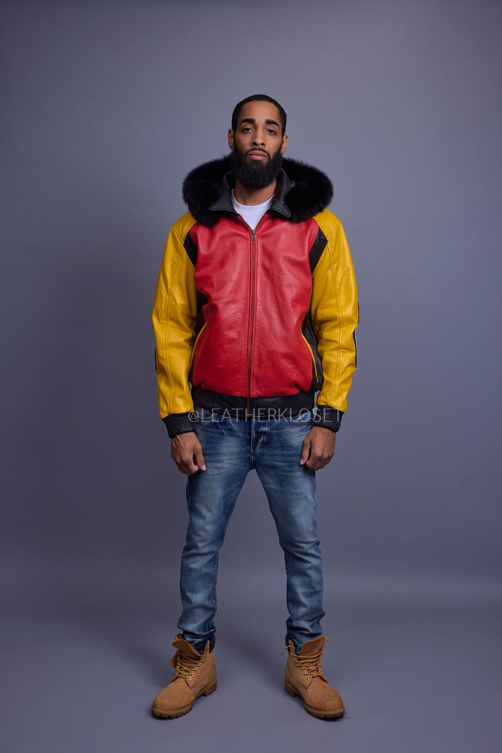Men's 8 Ball Leather Jacket With Fox Fur Hood [Yellow/Black/Red]