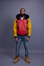 Men's 8 Ball Leather Jacket With Fox Fur Hood [Yellow/Black/Red]
