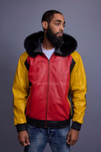 Men's 8 Ball Leather Jacket With Fox Fur Hood [Yellow/Black/Red]