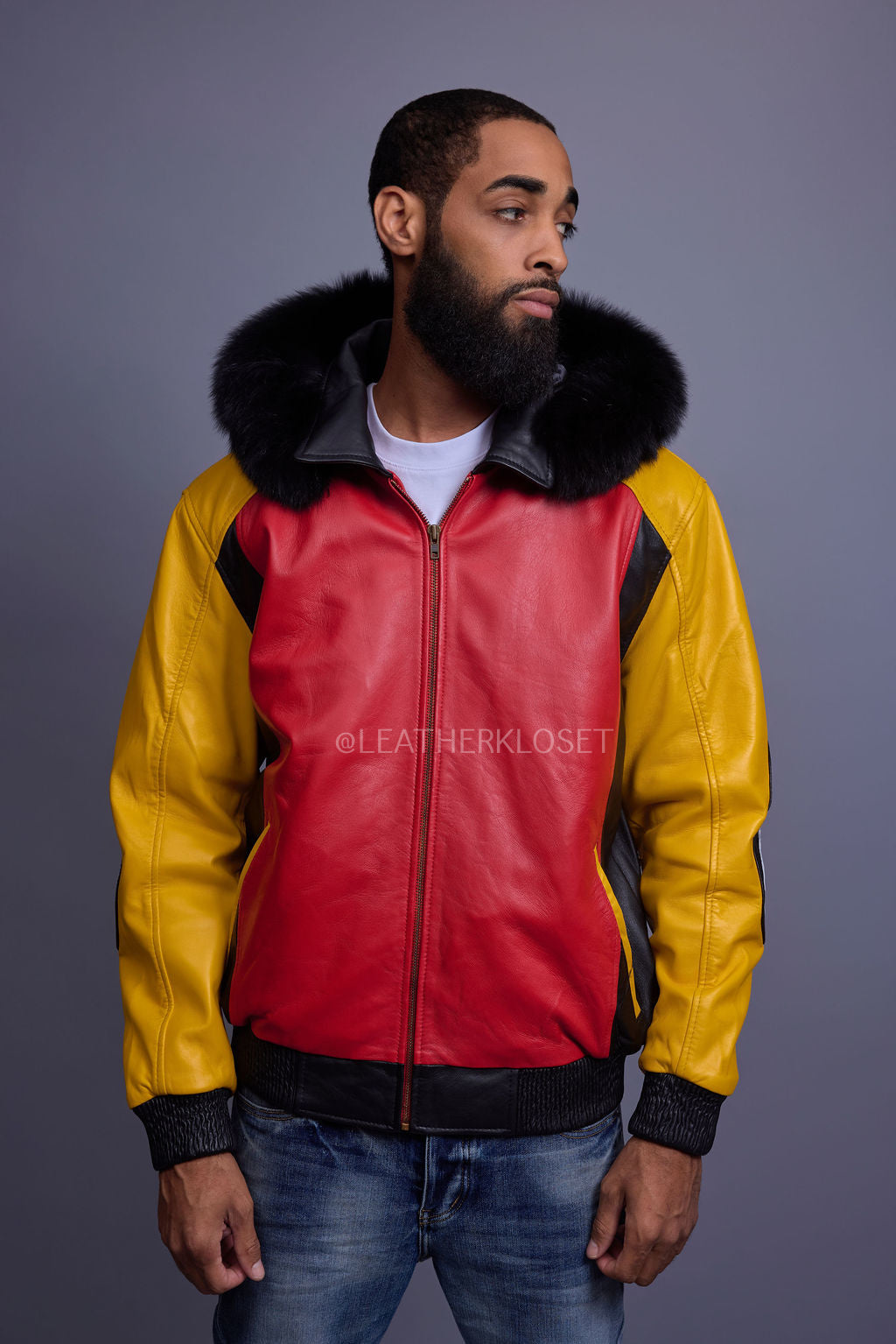 Men's 8 Ball Leather Jacket With Fox Fur Hood [Yellow/Black/Red]