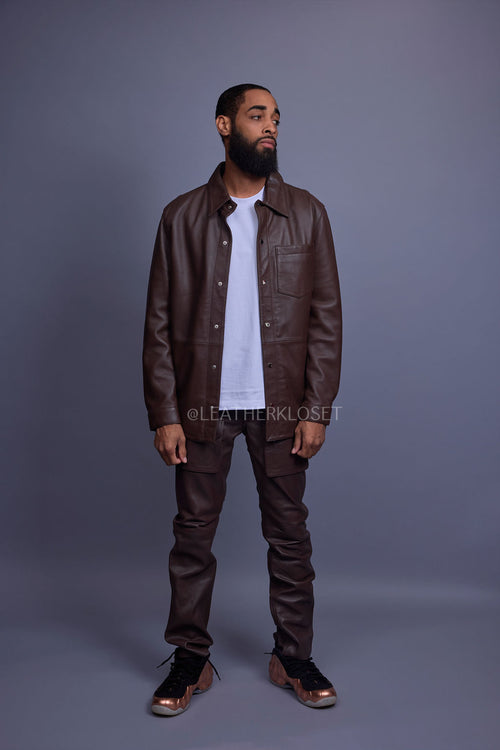 Men's Luka Leather Shirt And Cargo Pants Set [Chocolate Brown]