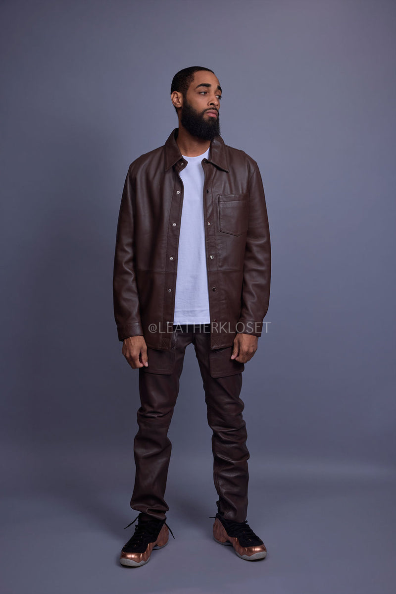 Men's Luka Leather Shirt And Cargo Pants Set [Chocolate Brown]