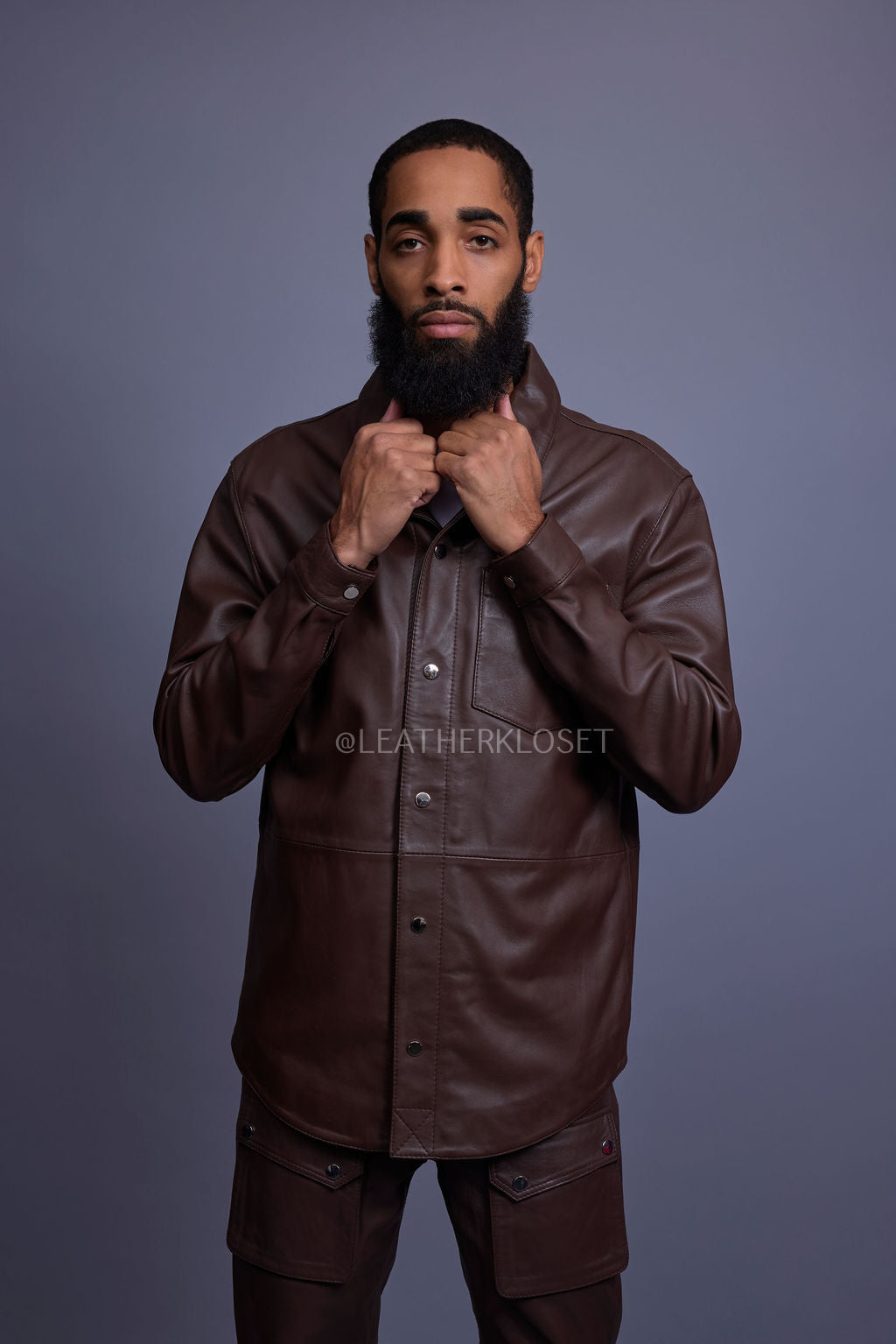 Men's Luka Leather Shirt And Cargo Pants Set [Chocolate Brown]
