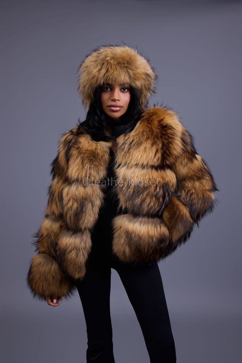 Women's Natural Raccoon Fur Bomber [With Headband]