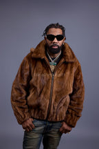 Men's Full-Skin Mink Bomber Jacket With Removable Hood [Whiskey]