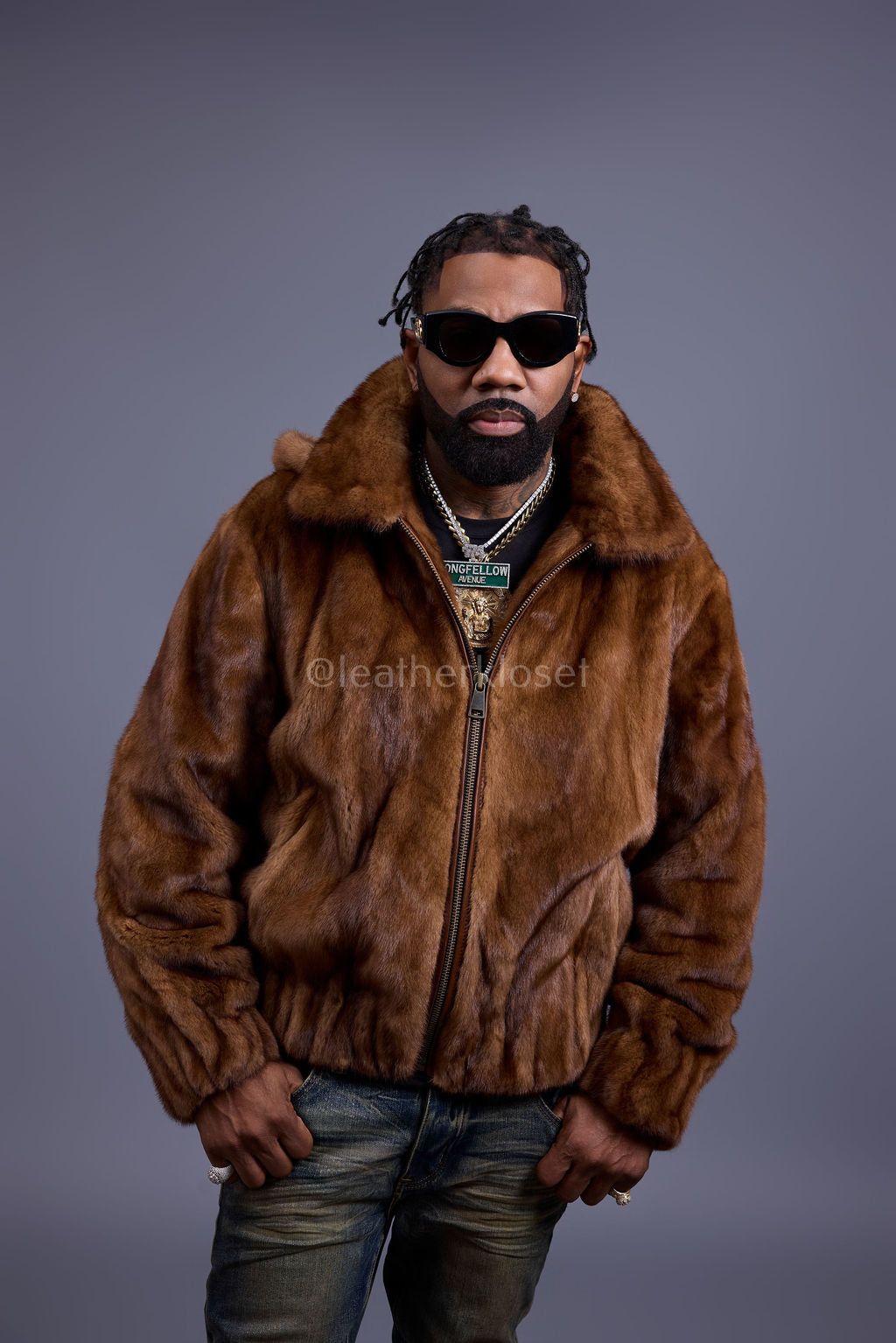 Men's Full-Skin Mink Bomber Jacket With Removable Hood [Whiskey]