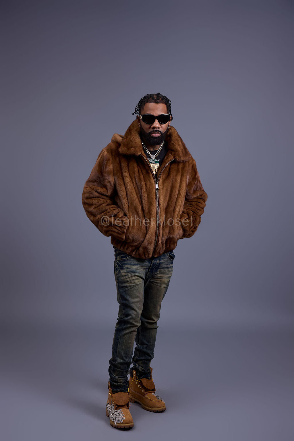 Men's Full-Skin Mink Bomber Jacket With Removable Hood [Whiskey