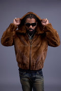 Men's Full-Skin Mink Bomber Jacket With Removable Hood [Whiskey]