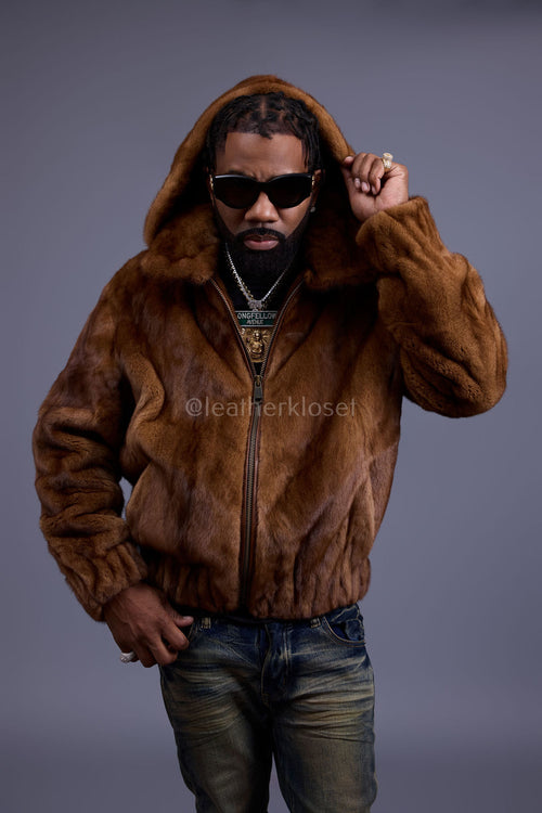 Men's Full-Skin Mink Bomber Jacket With Removable Hood [Whiskey]