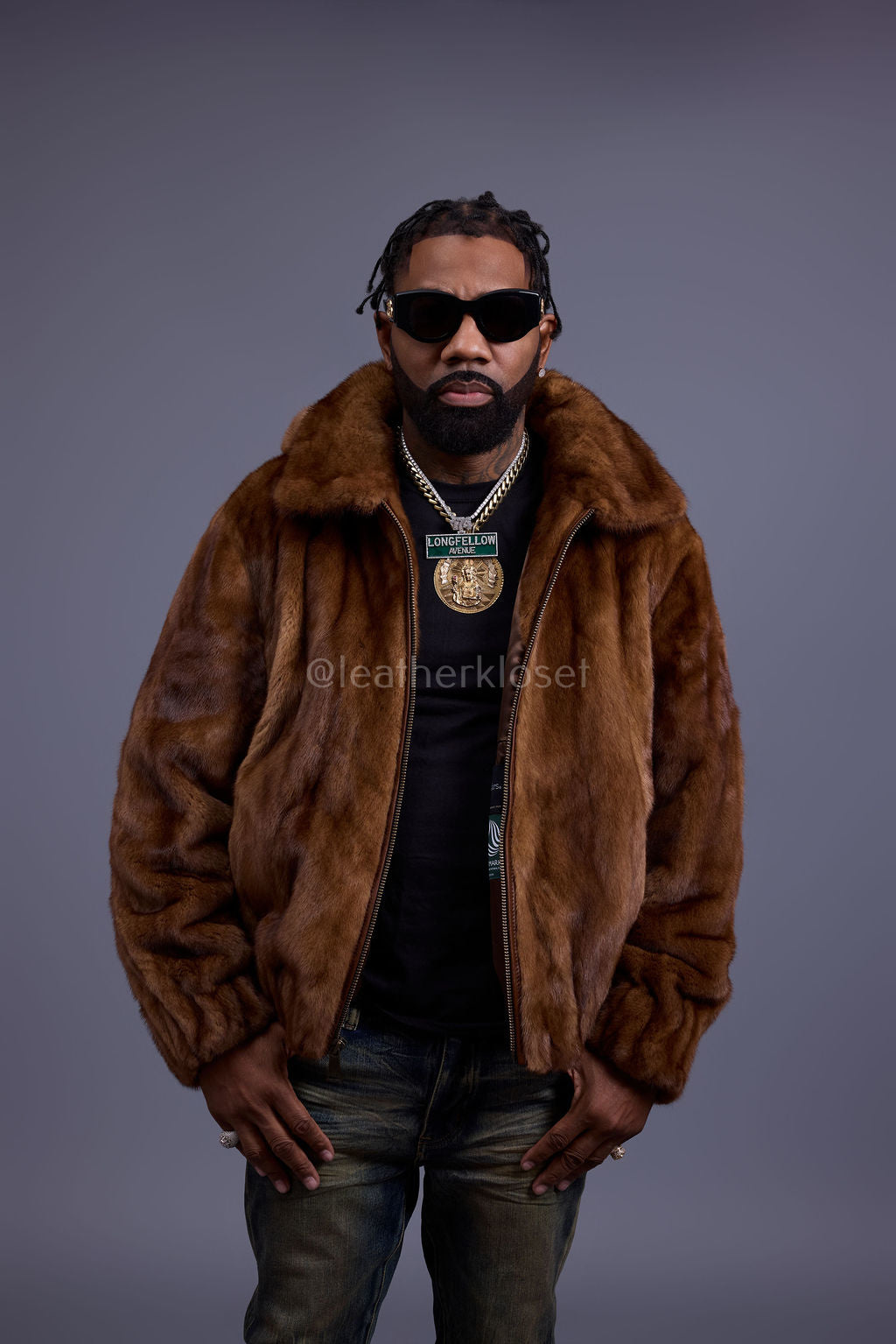 Men's Full-Skin Mink Bomber Jacket With Removable Hood [Whiskey