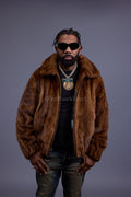 Men's Full-Skin Mink Bomber Jacket With Removable Hood [Whiskey]