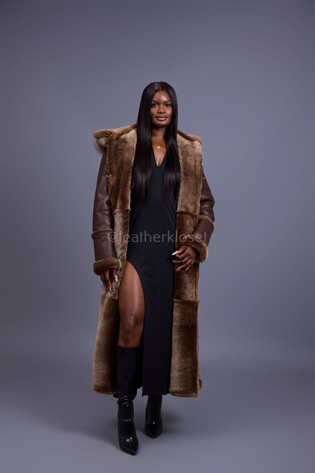 Women's Hazel Full Length Real Sheepskin Trench Coat [Chocolate]