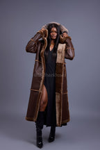 Women's Hazel Full Length Real Sheepskin Trench Coat [Chocolate]