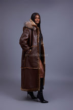 Women's Hazel Full Length Real Sheepskin Trench Coat [Chocolate]