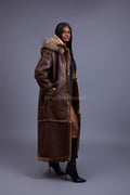 Women's Hazel Full Length Real Sheepskin Trench Coat [Chocolate]