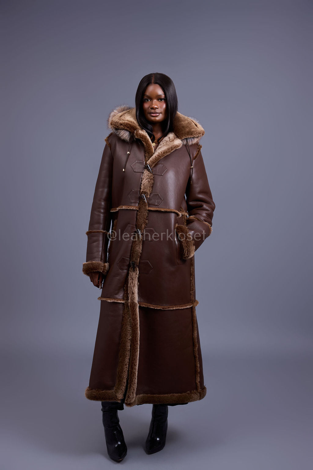 Women's Hazel Full Length Real Sheepskin Trench Coat [Chocolate