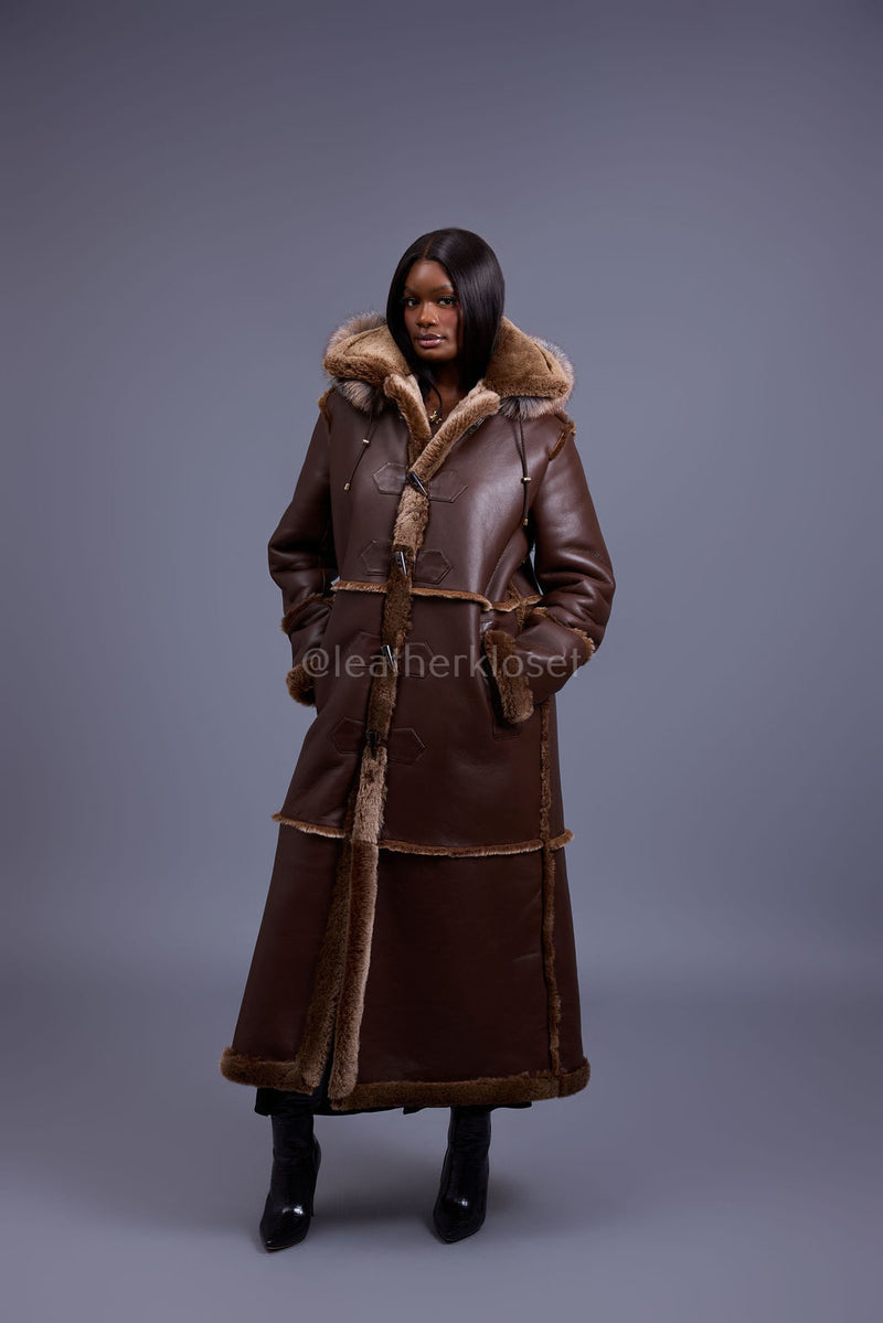 Women's Hazel Full Length Real Sheepskin Trench Coat [Chocolate]