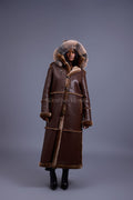 Women's Hazel Full Length Real Sheepskin Trench Coat [Chocolate]