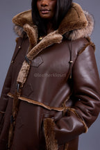 Women's Hazel Full Length Real Sheepskin Trench Coat [Chocolate]