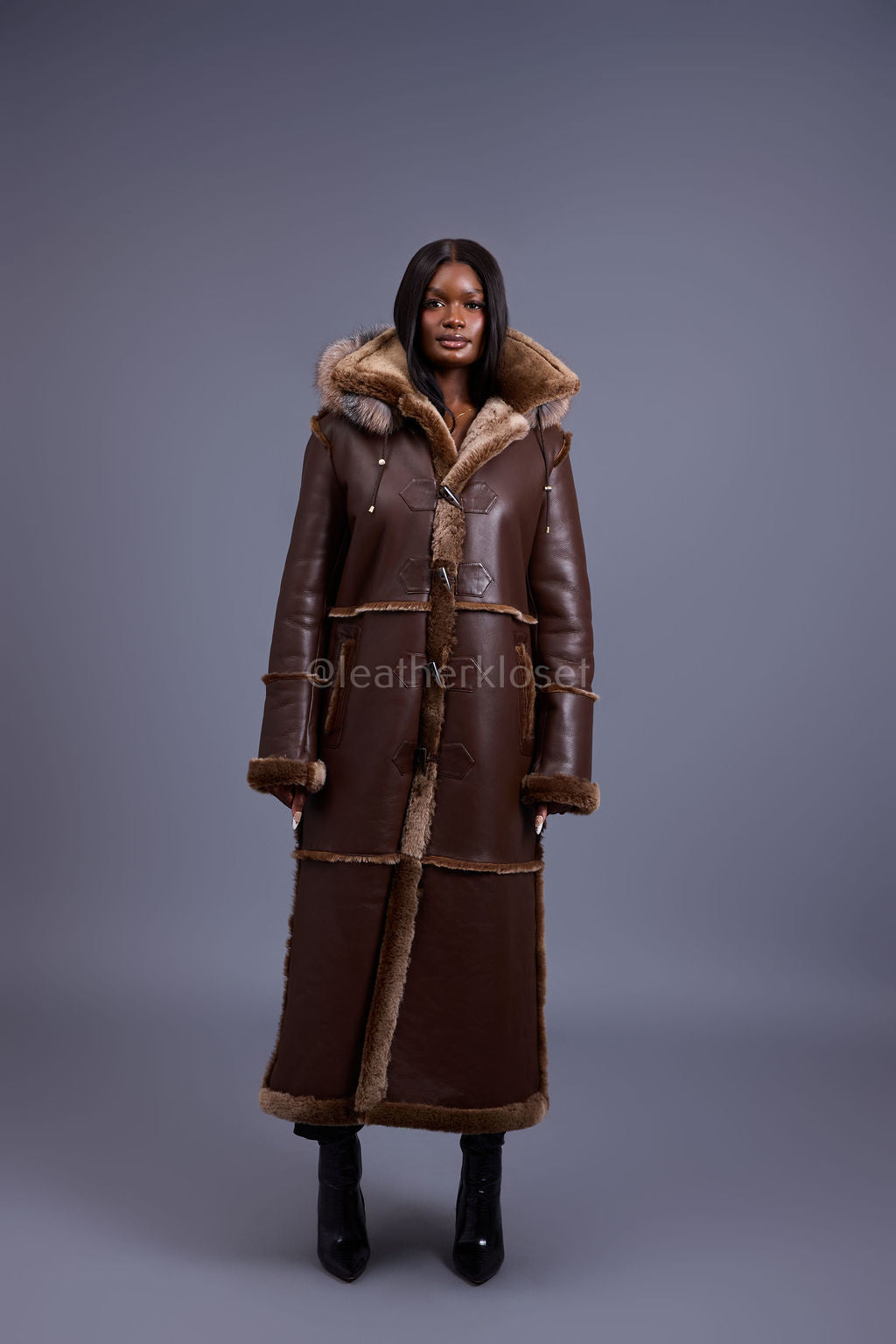 Women's Hazel Full Length Real Sheepskin Trench Coat [Chocolate