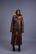 Women's Hazel Full Length Real Sheepskin Trench Coat [Chocolate]