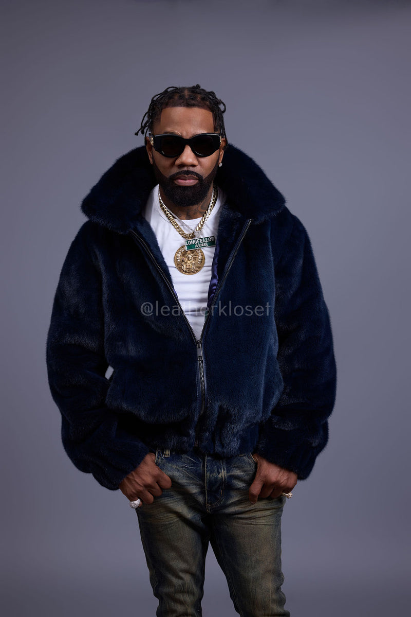 Men's Full-Skin Mink Bomber Jacket With Removable Hood [Navy]