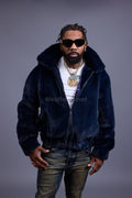 Men's Full-Skin Mink Bomber Jacket With Removable Hood [Navy]