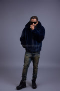 Men's Full-Skin Mink Bomber Jacket With Removable Hood [Navy]