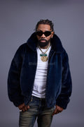Men's Full-Skin Mink Bomber Jacket With Removable Hood [Navy]