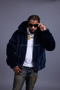 Men's Full-Skin Mink Bomber Jacket With Removable Hood [Navy]