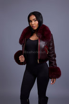 Women's Aurora Crop Sheepskin Jacket With Fox [Burgundy]