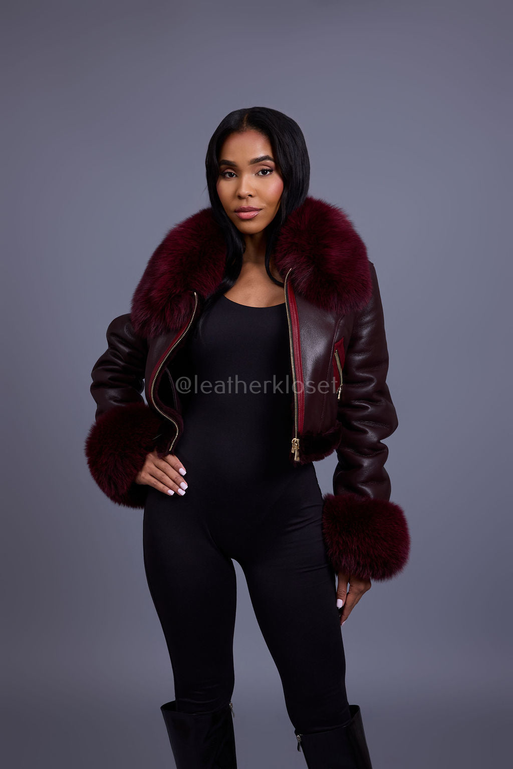 Women's Aurora Crop Sheepskin Jacket With Fox [Burgundy]