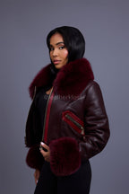 Women's Aurora Crop Sheepskin Jacket With Fox [Burgundy]