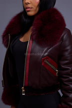 Women's Aurora Crop Sheepskin Jacket With Fox [Burgundy]
