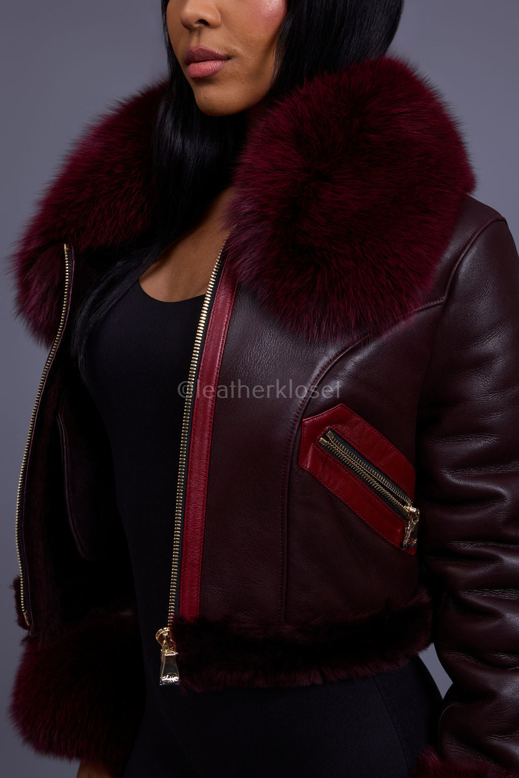 Women's Aurora Crop Sheepskin Jacket With Fox [Burgundy]