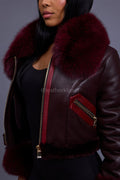 Women's Aurora Crop Sheepskin Jacket With Fox [Burgundy]