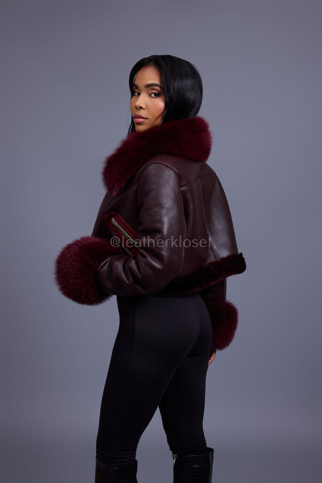 Women's Aurora Crop Sheepskin Jacket With Fox [Burgundy]