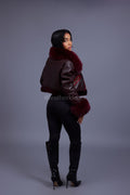 Women's Aurora Crop Sheepskin Jacket With Fox [Burgundy]
