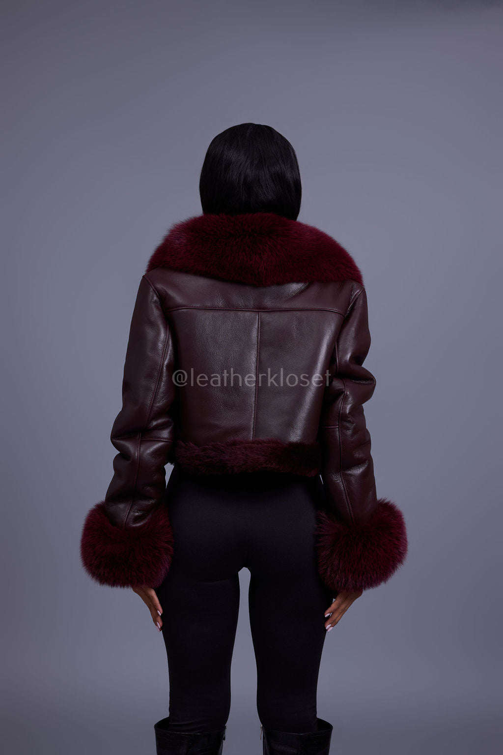 Women's Aurora Crop Sheepskin Jacket With Fox [Burgundy]