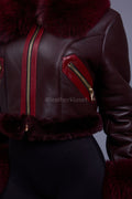 Women's Aurora Crop Sheepskin Jacket With Fox [Burgundy]