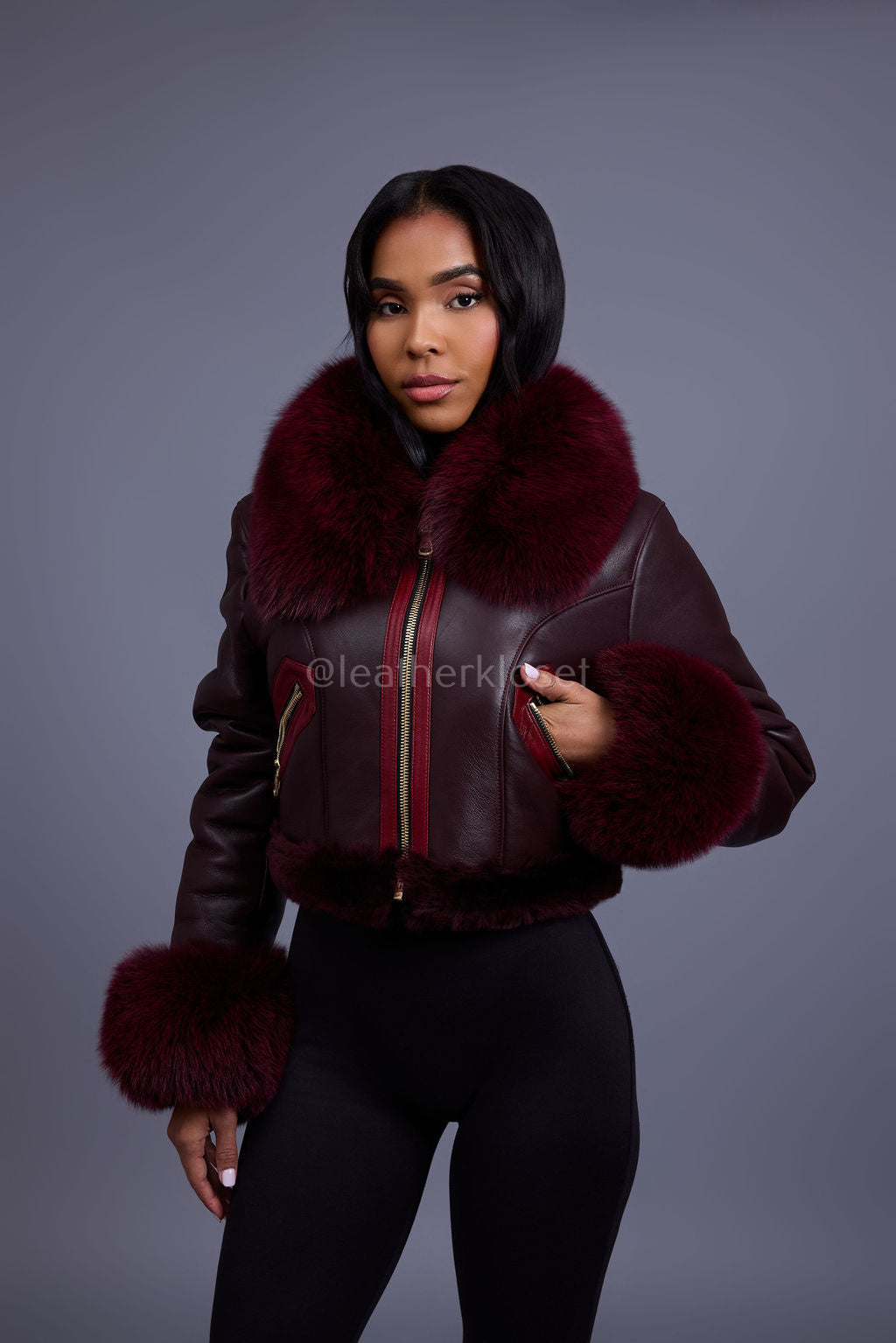 Women's Aurora Crop Sheepskin Jacket With Fox [Burgundy]