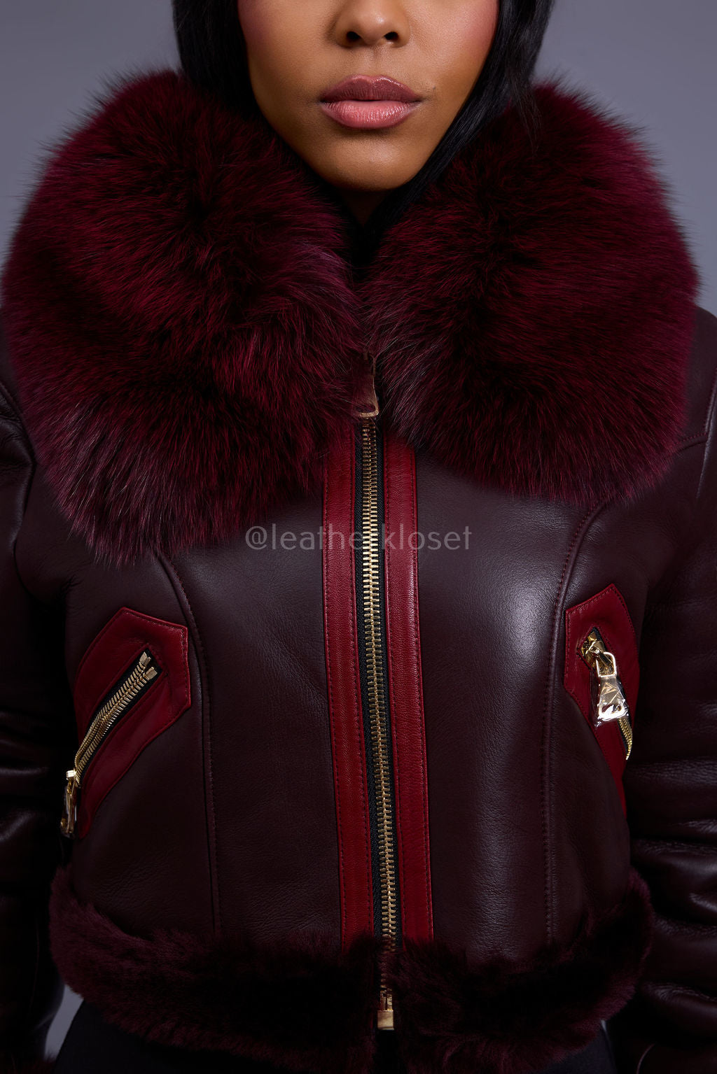 Women's Aurora Crop Sheepskin Jacket With Fox [Burgundy]