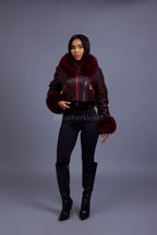 Women's Aurora Crop Sheepskin Jacket With Fox [Burgundy]
