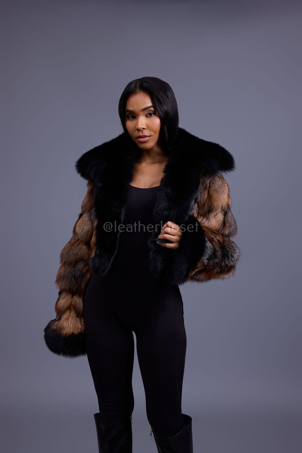 Women's Vanessa Crop Fox Bomber [Brown/Black]