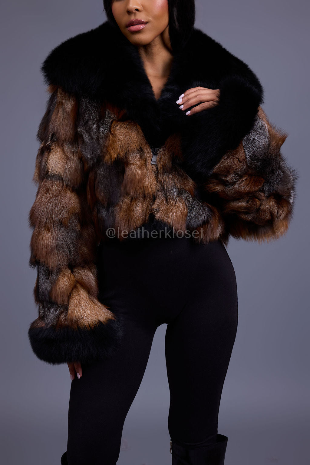 Women's Vanessa Crop Fox Bomber [Brown/Black]