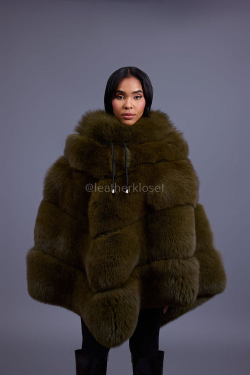 Women's Fox Fur Poncho [Olive]